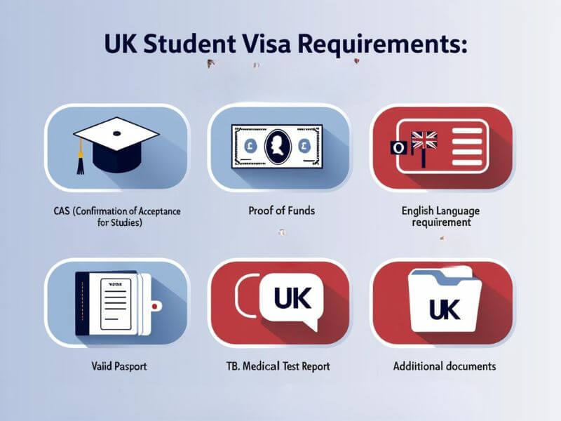 Infographic showing UK student visa requirements including CAS, proof of funds, English requirement, passport, TB test, and additional documents