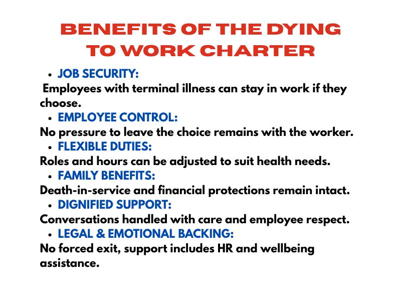 Infographic showing key protections for terminally ill workers under the Dying to Work Charter

