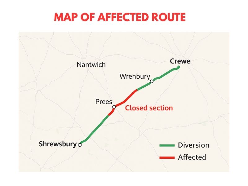 Map showing closed section and diversion for Shrewsbury to Crewe line July 2025
