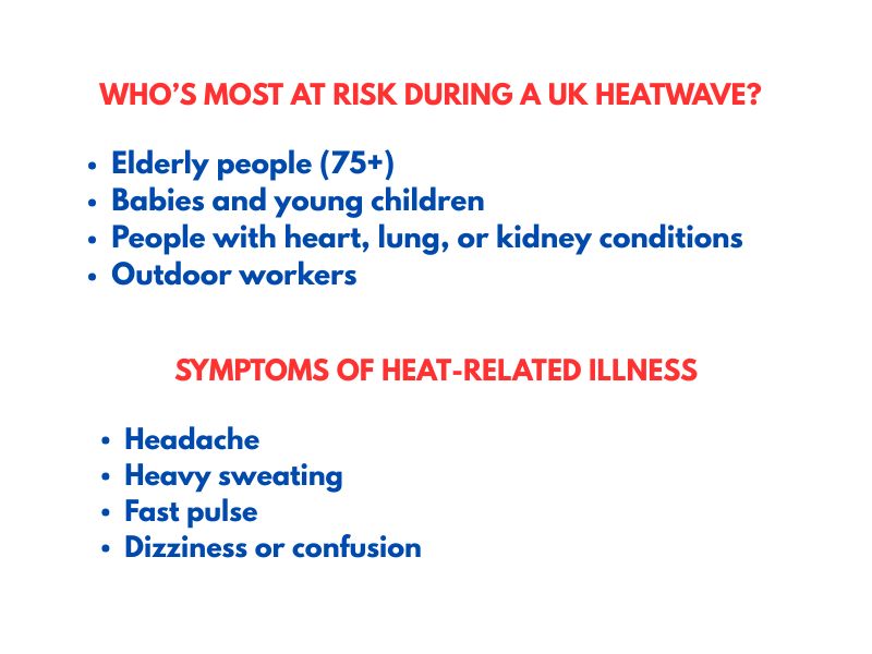 Infographic of UK heatwave risks showing vulnerable groups and health dangers