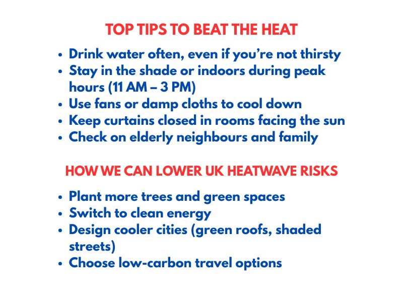 Checklist infographic of UK heatwave risks safety tips for the public