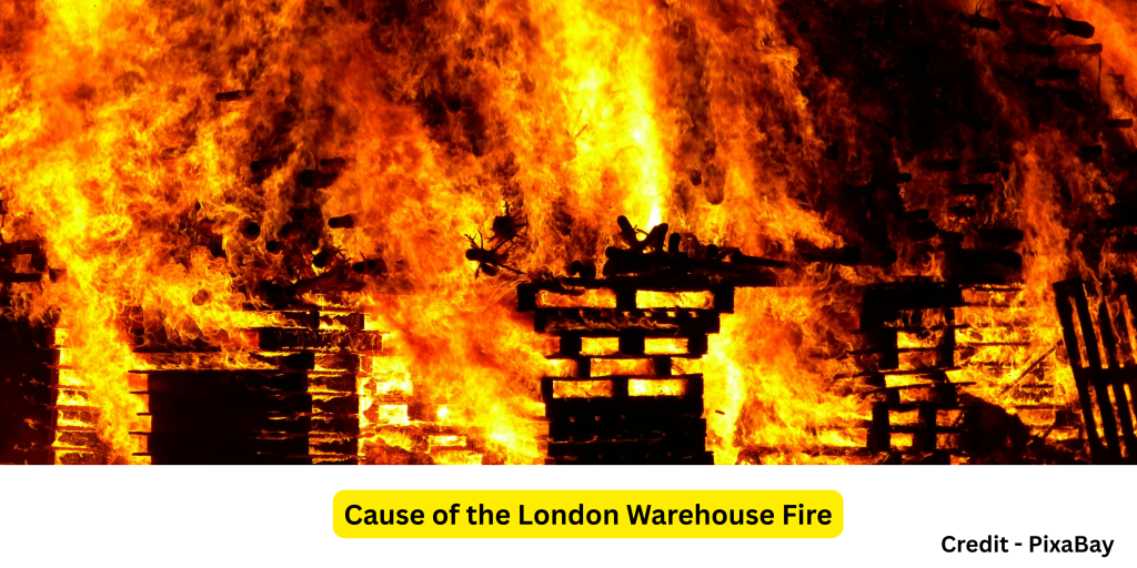 "Firefighters controlling a large fire at a warehouse in London"

