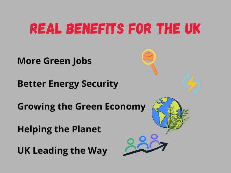 Infographic showing the real benefits of UK energy investment for jobs, economy, and national security