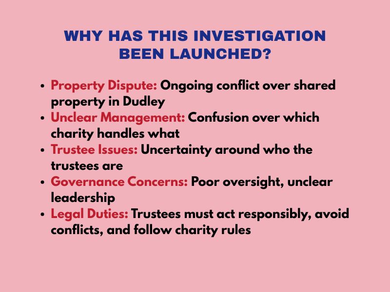 Infographic explaining the reasons behind the Charity Commission’s investigation of the Muslim Centre 1977