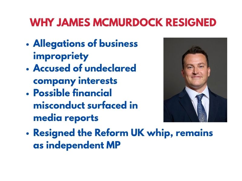 Infographic explaining the key reasons behind James McMurdock’s resignation from Reform UK.