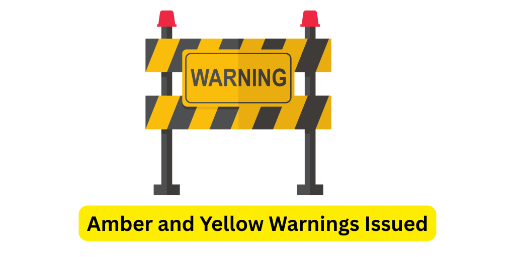 Weather map showing amber and yellow warning zones across the UK, highlighting Scotland, Northern Ireland, and Northern England.