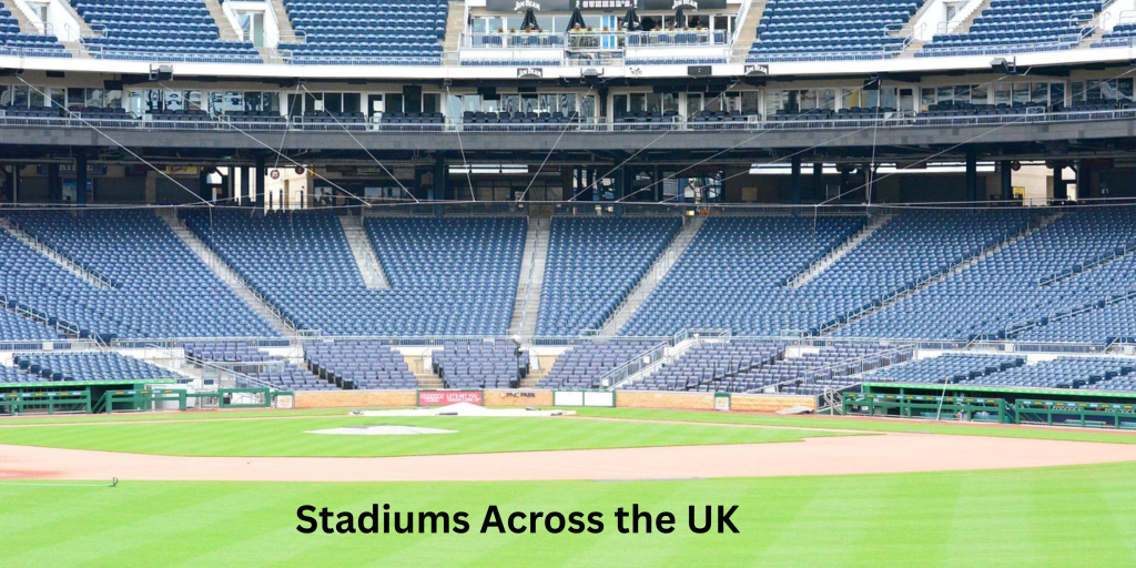 Map and visuals of major football stadiums across the UK, highlighting venues in England, Scotland, Wales, and Northern Ireland.