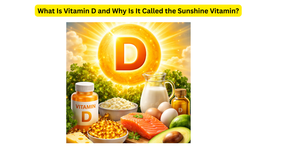 Vitamin D foods and supplements with sunlight symbol representing the sunshine vitamin