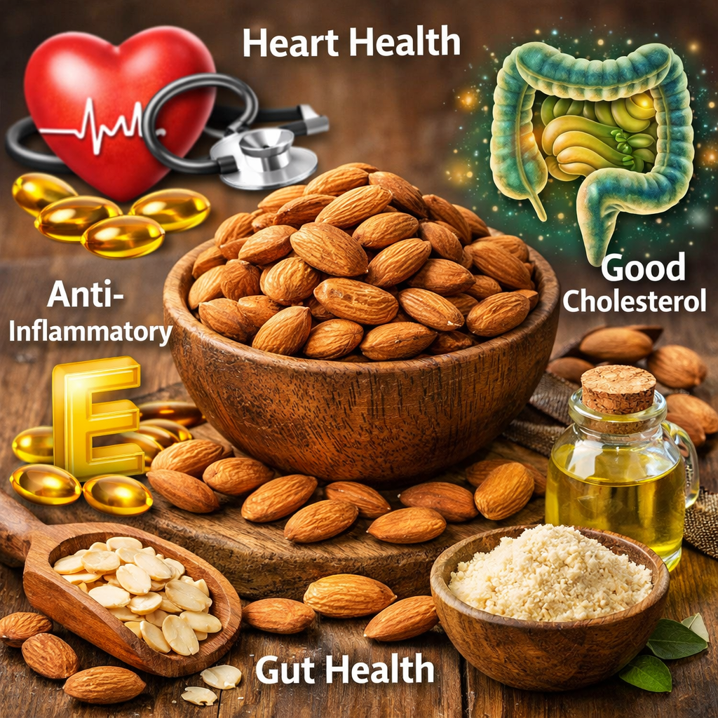 “Bowl of almonds highlighting heart health, gut health, and vitamin E benefits”