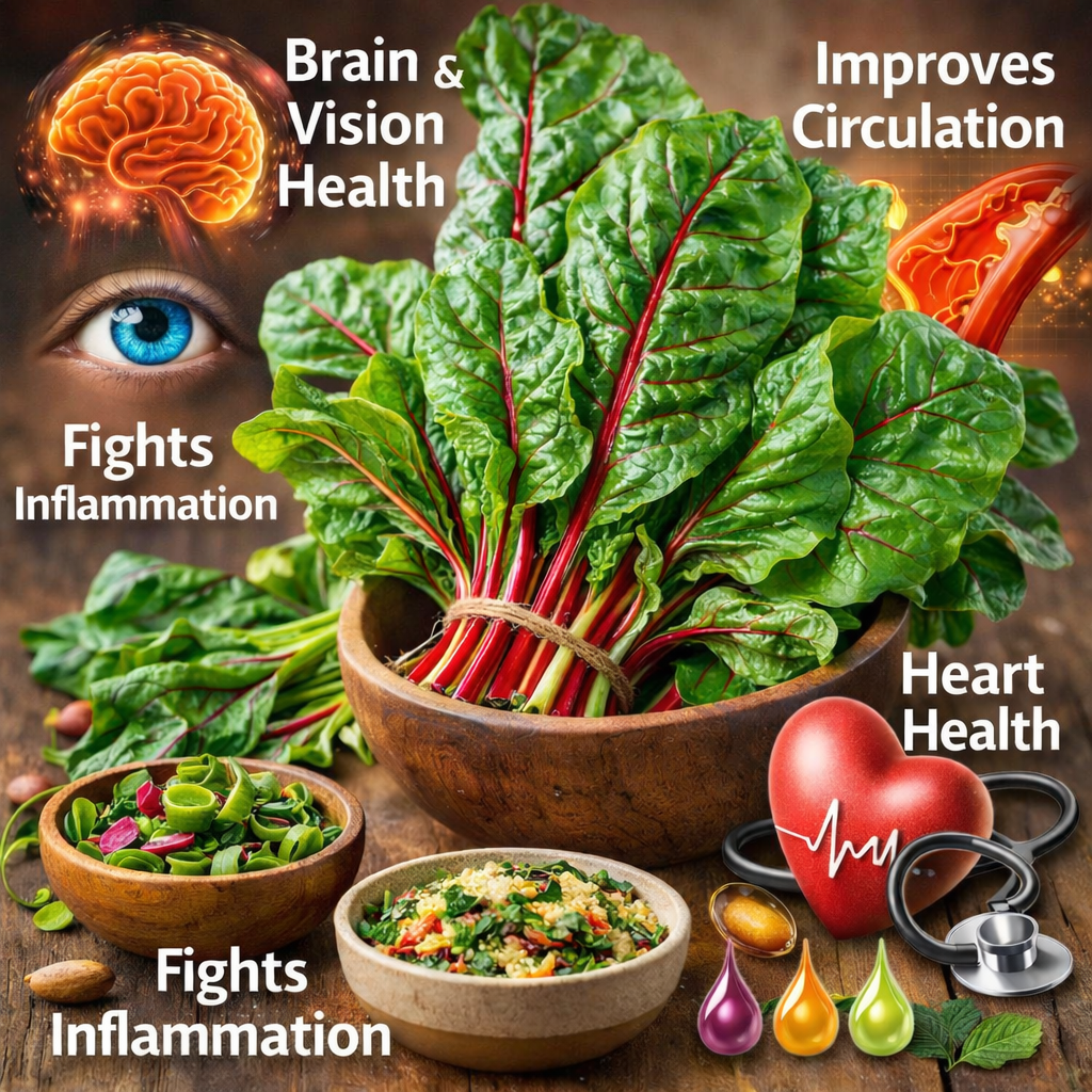 “Fresh Swiss chard highlighting heart, brain, vision, and circulation health benefits”