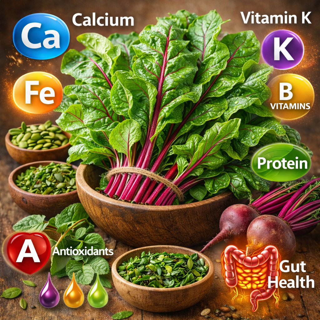 “Fresh beetroot greens with red stems highlighting calcium, iron, vitamin K, and antioxidant benefits”