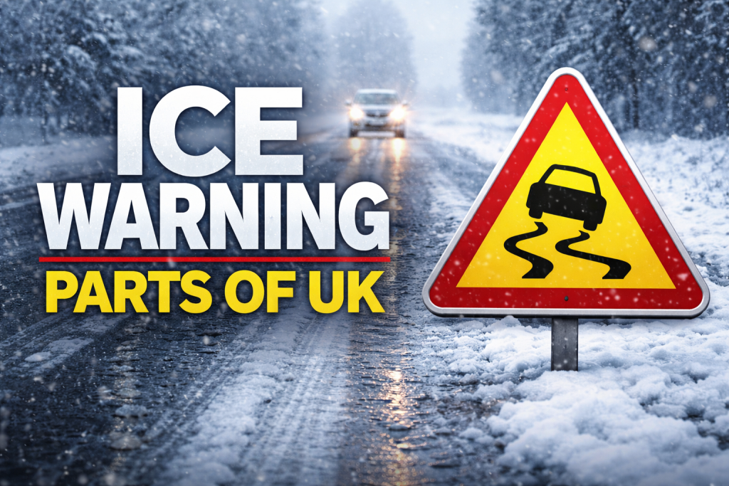 Ice warnings issued as freezing temperatures follow rainfall, making roads and pavements slippery