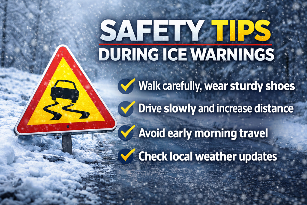 Safety tips during ice warnings to reduce risk of slips, falls and road accidents
