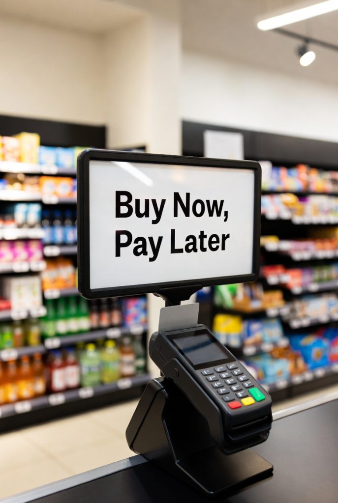 “Illustration showing the rise of Buy Now, Pay Later payments with people shopping online using smartphones and credit cards, highlighting flexible digital payment options.”